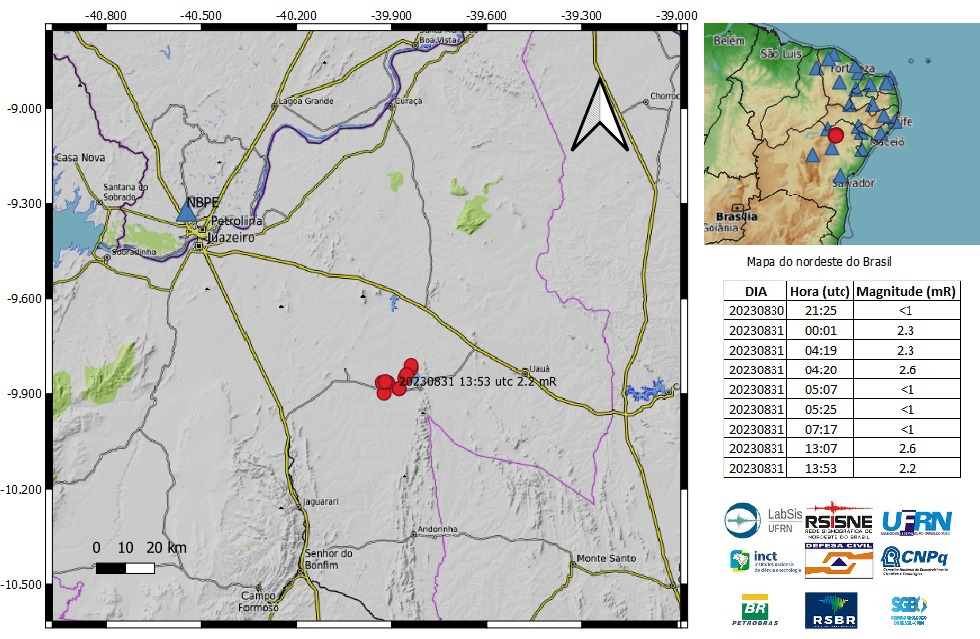 Laboratório Sismológico (LabSis) da Universidade Federal do Rio Grande, divulgou nesta quinta-feira (31), 9 atividades sísmicas de baixa intensidade nos municípios de Curaçá e Jaguarari, no norte da Bahia
