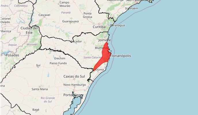 área sujeita a perigo por conta de alto acumulado de chuva em Santa Catarina. Fonte: Inmet