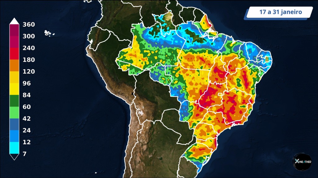 Mapa de chuva acumulada: áreas em amarelo, laranja e vermelho devem receber mais de 100 mm de chuva em 15 dias