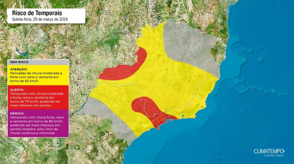 mapa de áreas com risco de temporais n Sudeste