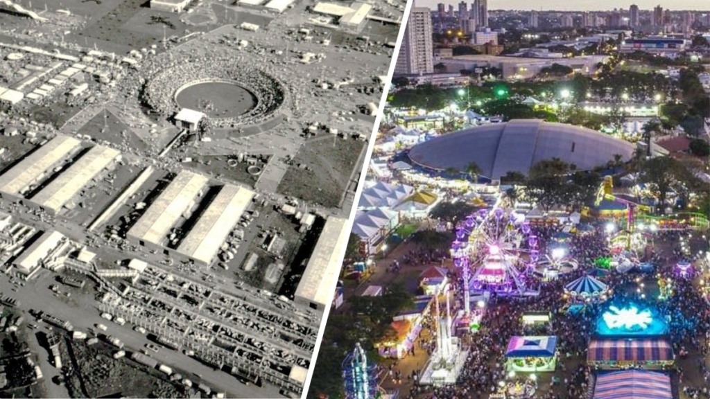 Imagens aéreas do Parque de Exposições de Maringá, em 1974 e em 2023.