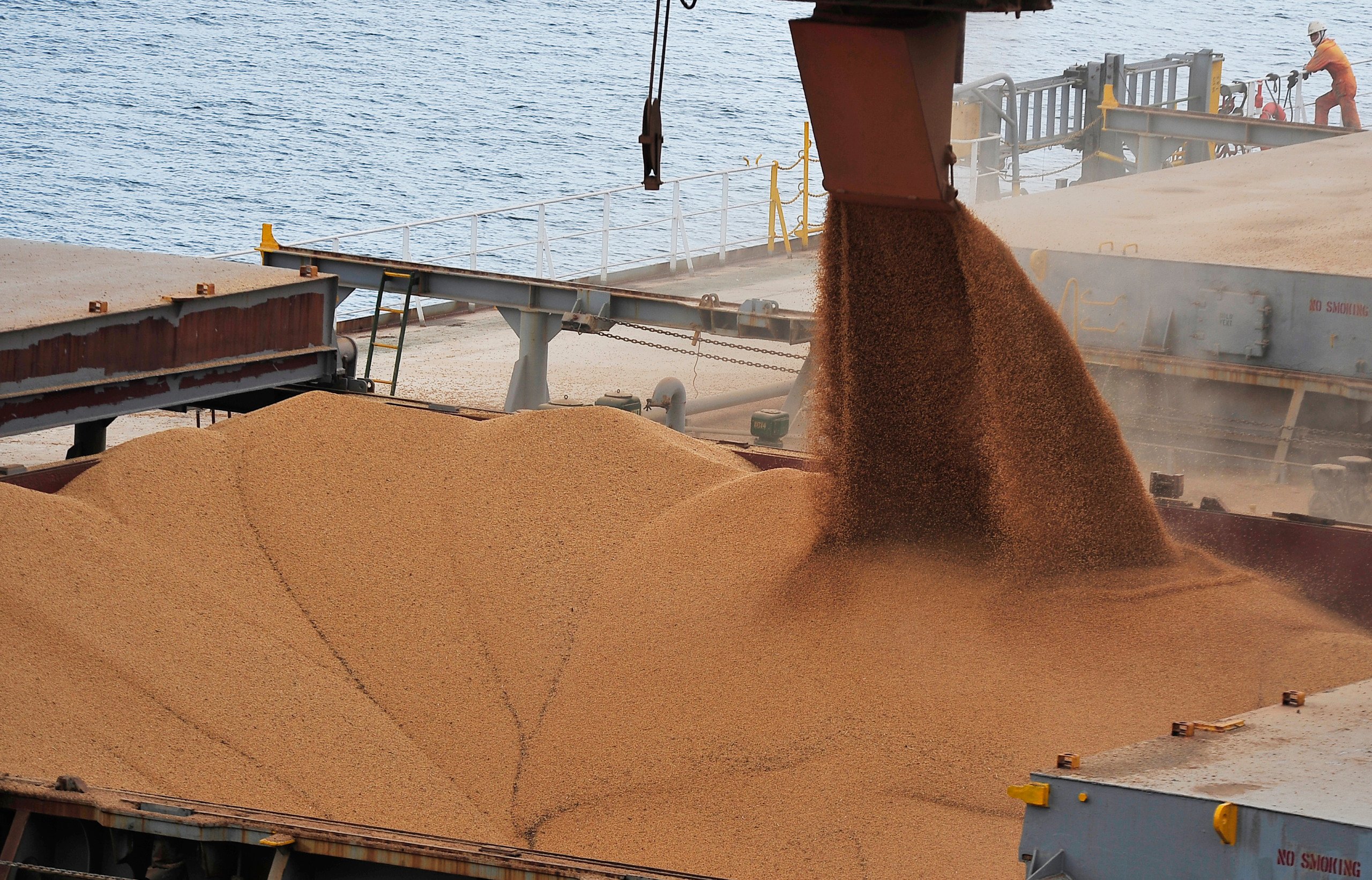 Navio sendo carregado de soja em grãos no Porto de Paranaguá
