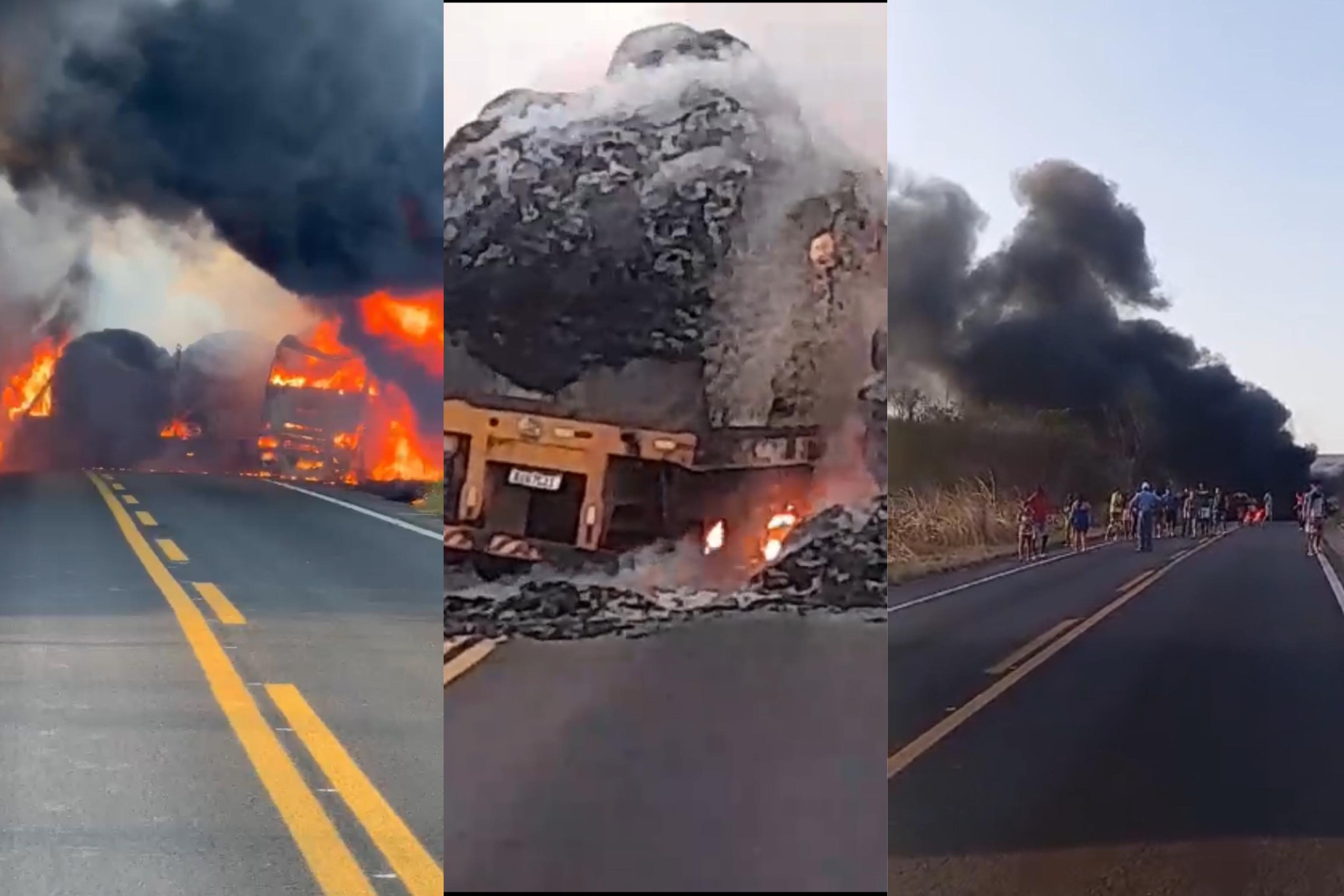 Carreta que transportava algodão pega fogo e interdita rodovia