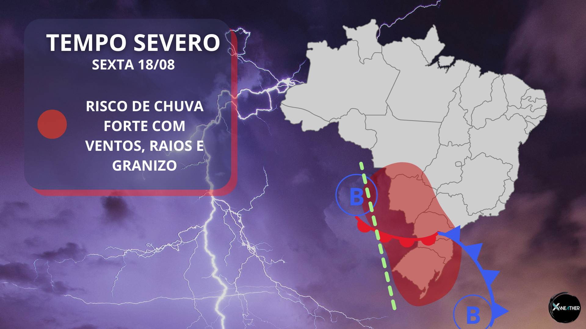 mapa de alerta de ciclone, com áreas de chuva