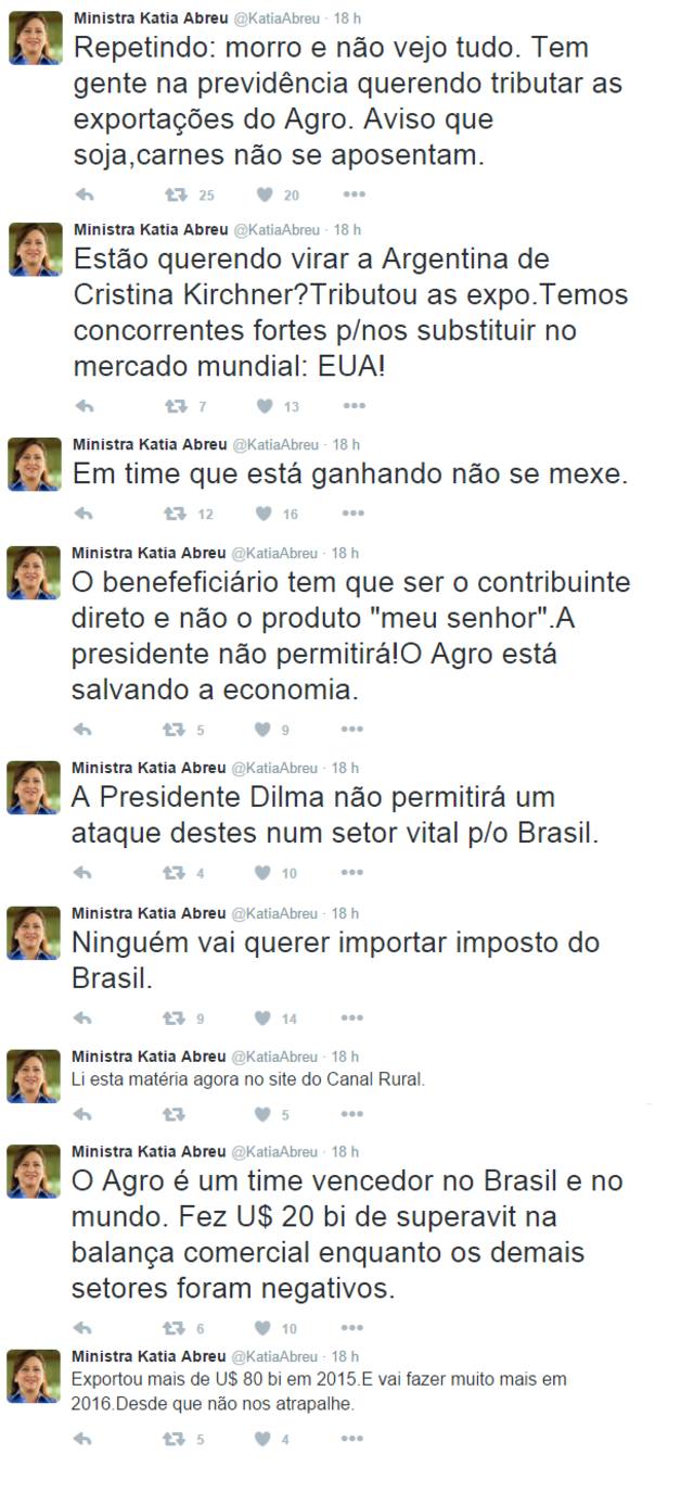 Kátia Abreu rebate no Twitter taxação sobre exportações