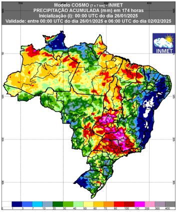 previsão de chuva entre 27 de janeiro a 03 de fevereiro de 2025 - Inmet