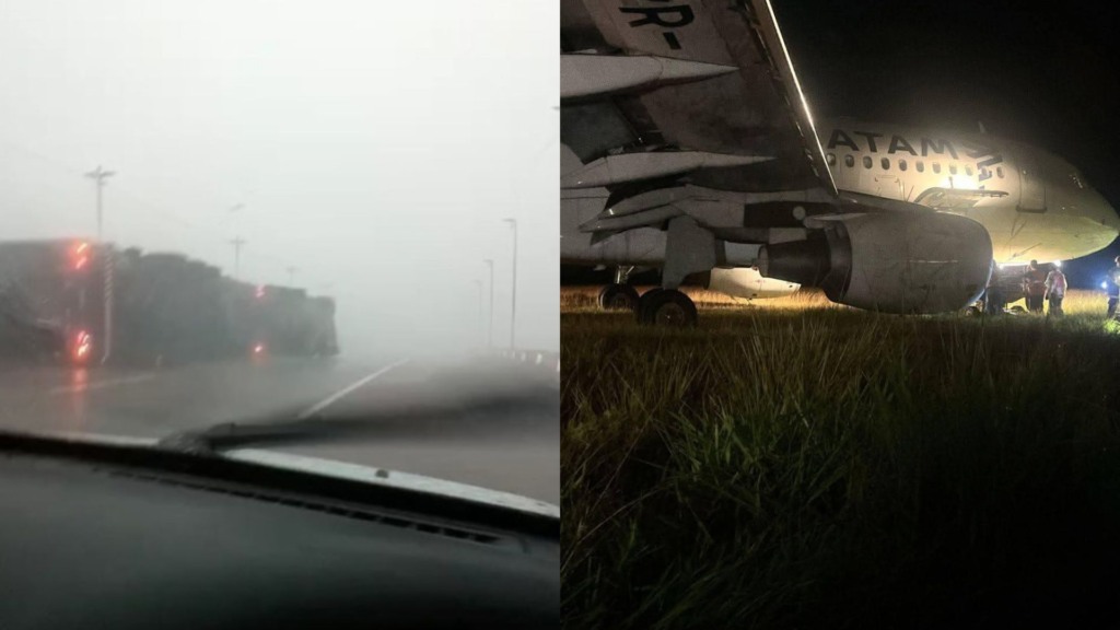 Mau tempo causa tombamento de carreta no RS e avião pousa fora da pista em SC