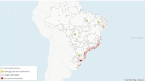 Mapa do monitoramento dos focos de gripe aviária no Brasil