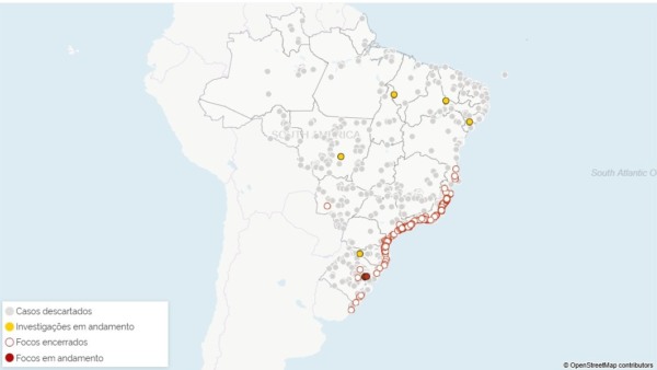 Mapa do monitoramento dos focos de gripe aviária no Brasil