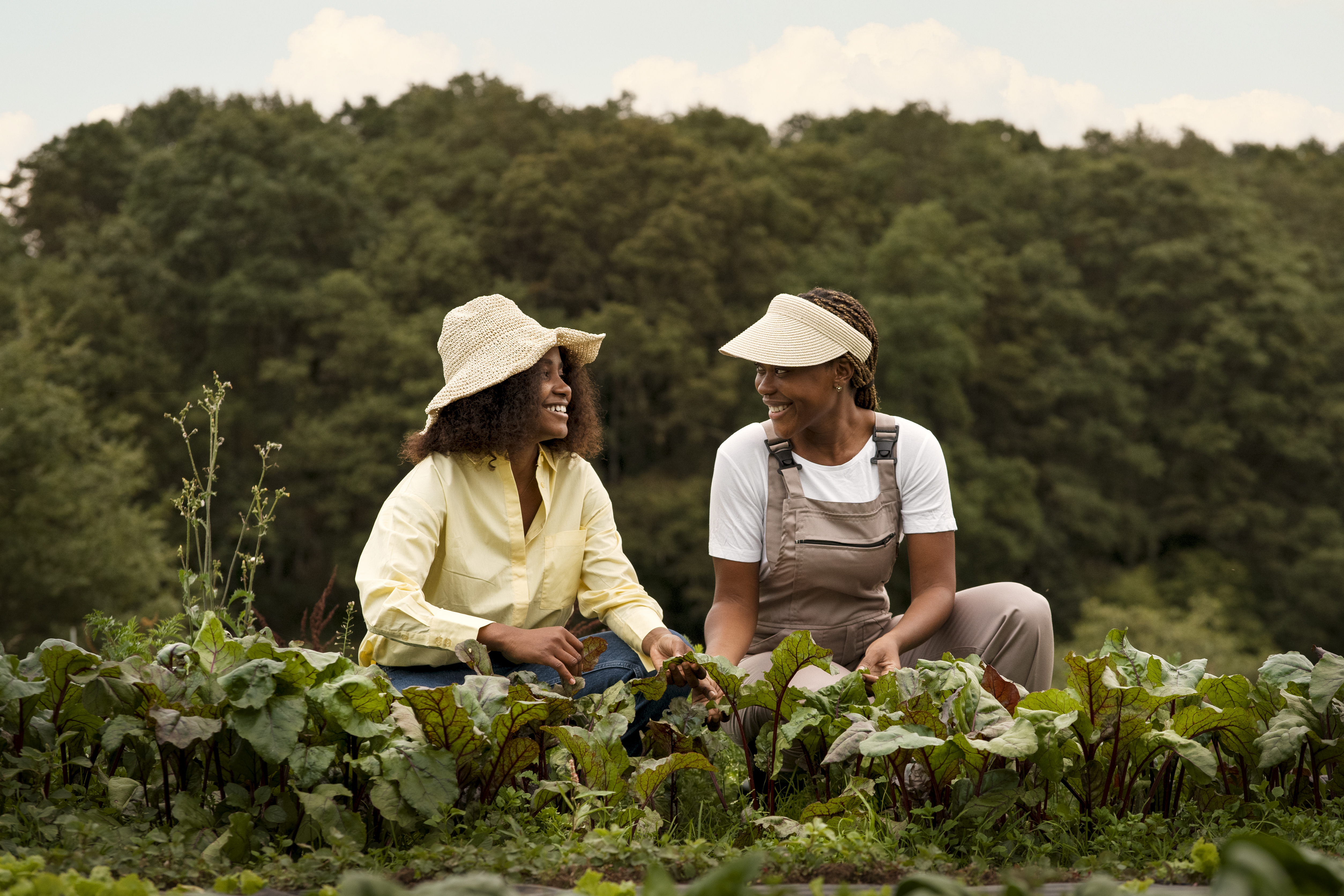 duas mulheres negras, abaixadas em uma propriedade verde. uma esta com camisa amarela e a outra de jardineira. elas sorriem uma para outra