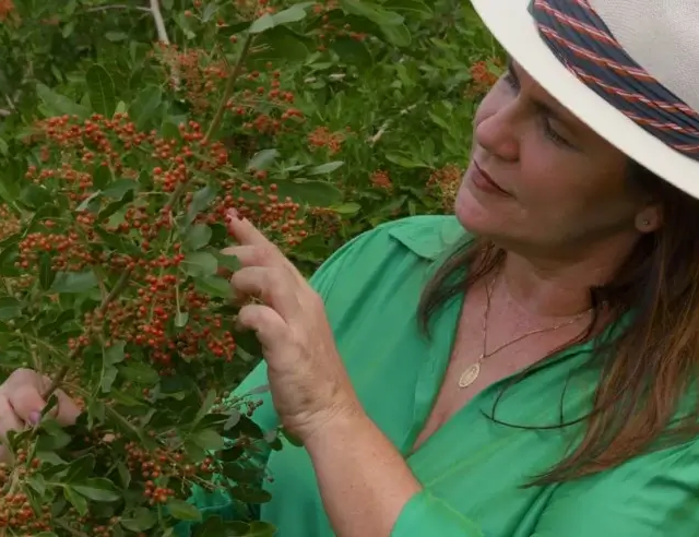 Produtora rural mostrando seu cultivo de especiarias