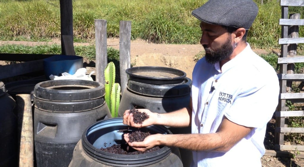 Um homem manuseando a ração dos porcos Um homem manuseando a ração dos porcos