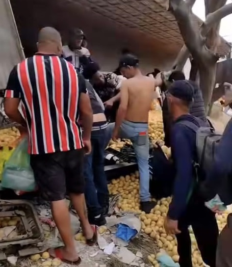 Carreta com 20 toneladas de batatas tomba e população avança na carga
