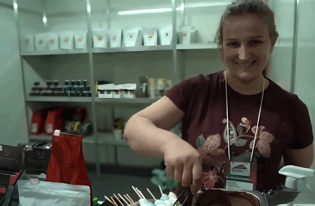 Na foto, aparece uma mulher. Ela está com uma camiseta na cor vinho. À sua frente, uma panela com chocolate derretido. A foto foi tirada na RuralTurEs