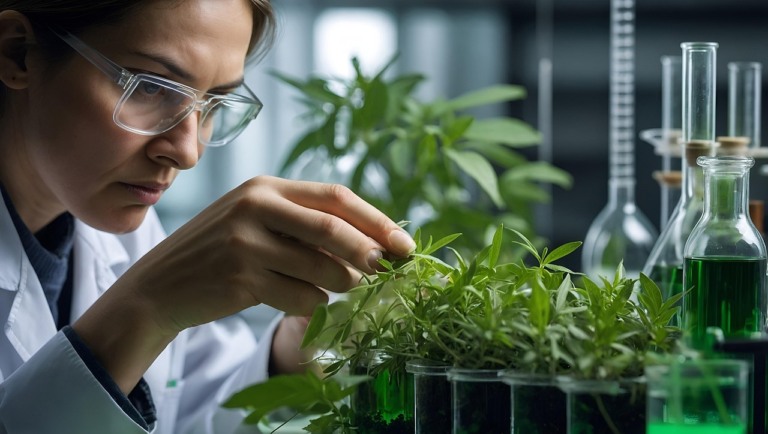 cuentista examina plantas em laboratório