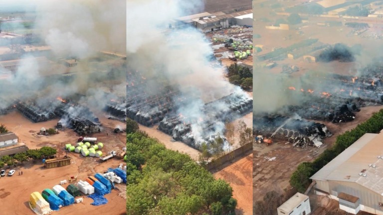 imagens aéreas de incêndio de grandes proporções em algodeira em Luís Eduardo Magalhães no Oeste da Bahia
