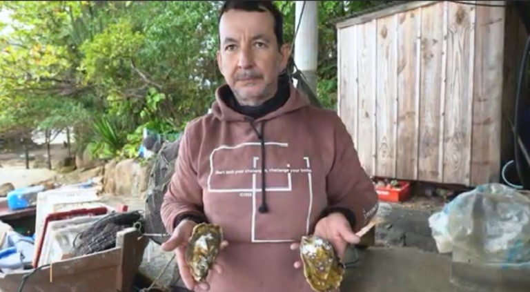 Na foto, há um homem segurando duas ostras