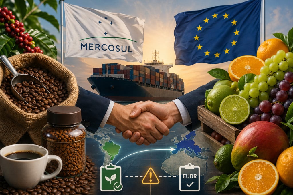 Imagem mostra os impactos do acordo Mercosul-UE para setores como café e frutas