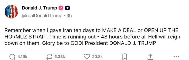 Trump ameaça Irã com prazo de 48 horas e pressiona por acordo no Estreito de Ormuz