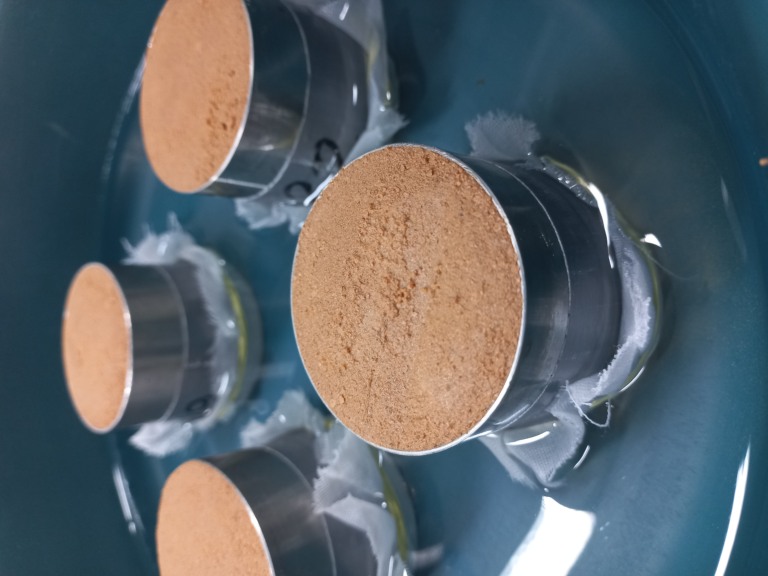 Amostras dos ciclos de umedecimento e secagem sendo preparadas para o equilíbrio hídrico e ensaio de resistência à penetração