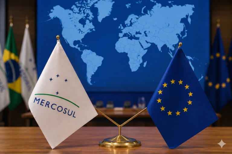 Imagem mostra as bandeiras do Mercosul e da União Europeia, em alusão ao acordo firmado entre os dois blocos