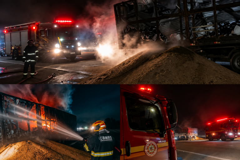Carreta de soja pega fogo em rodovia de Rio Grande