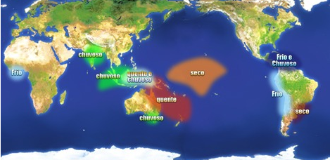 Impactos do resfriamento do oceano Pacífico no mundo entre junho, julho e agosto. Fonte: Somar Meteorologia