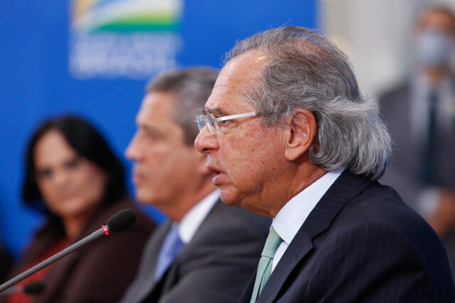 Ministro da Economia, Paulo Guedes, durante coletiva de imprensa sobre 500 dias de governo
