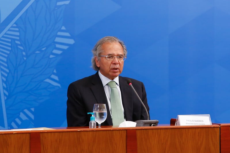 Ministro da Economia, Paulo Guedes, durante coletiva de imprensa sobre 500 dias de governo