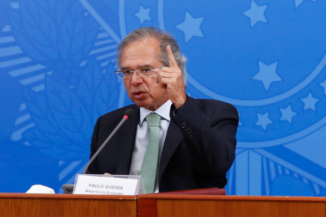 Ministro da Economia, Paulo Guedes, durante coletiva de imprensa sobre 500 dias de governo