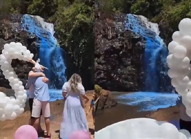 Cachoeira é tingida de azul durante chá revelação em Mato Grosso