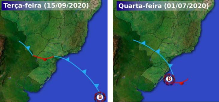 Comparação da localização de atuação dos ciclones no dia 15 de
setembro de 2020 (esq.) e no dia 1º de julho de 2020 (dir). Arte: CPTEC