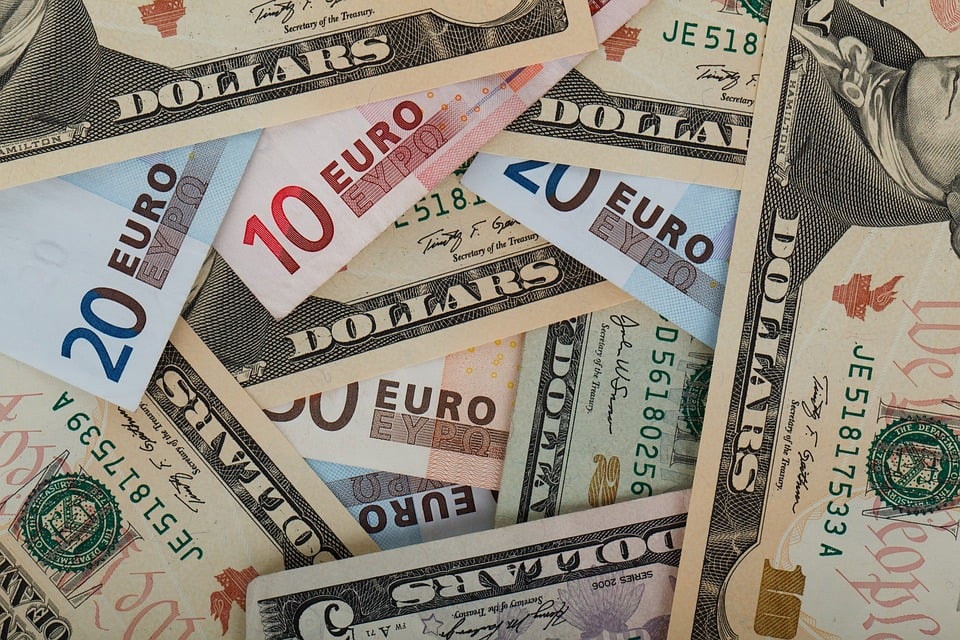 investimento estrangeiro: notas de euro e dólar