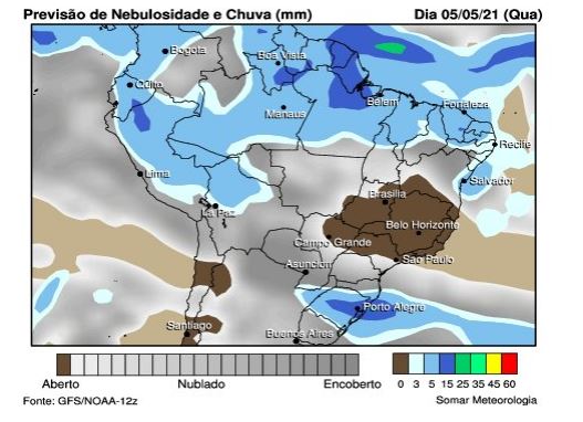 Confira o mapa de chuvas do Brasil para terça e quarta