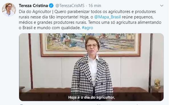 Tereza Cristina posta vídeo no Twitter parabenizando produtores no Dia do Agricultor